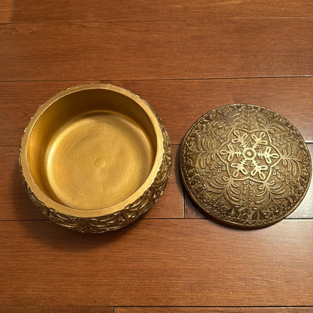 Pier 1 ornate gold bowl with lid